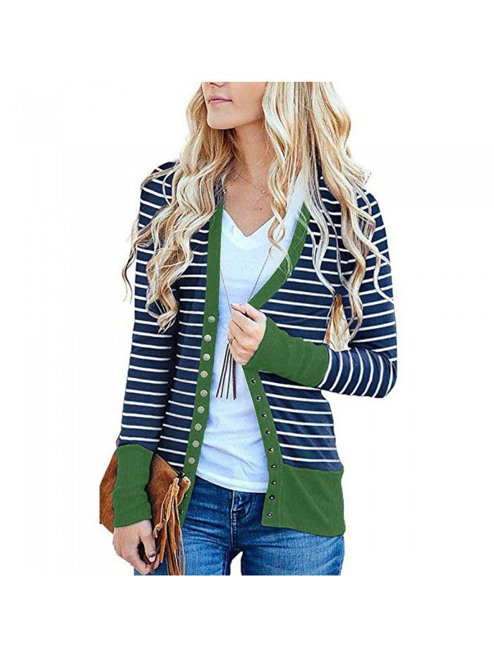 Women's striped patchwork medium length long sleeved single breasted cardigan jacket
