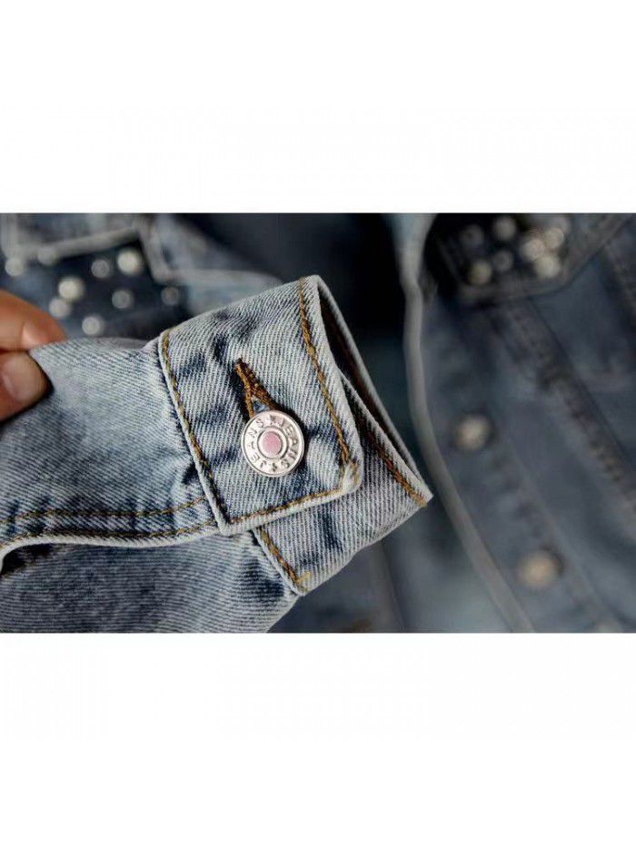 Women's short denim jacket Beaded pearl jacket Loose spring and autumn new denim jacket 