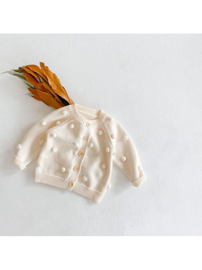 Versatile for boys and girls in spring and autumn, children's handmade ball knitting jacket, cotton long-sleeved newborn new year's clothes 