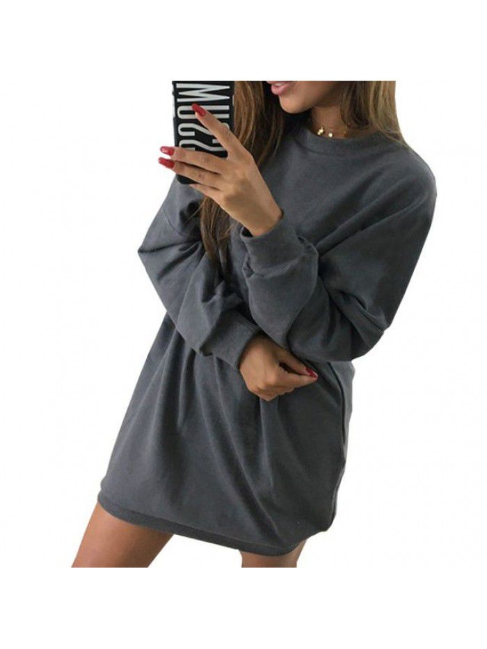 Winter New Casual Round Neck Solid Color Mid length Sweater Dress for Women