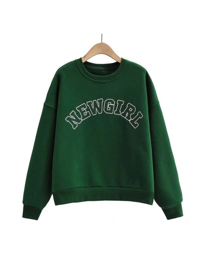 Autumn and Winter New Korean Loose Round Neck Large Print Plush Long Sleeve Pullover Women 