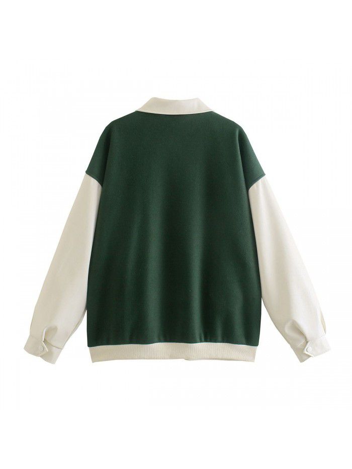 Autumn Fashion Polo Neck Jacket Loose Casual Coat Green Panel Flocking Embroidery Baseball Jersey
