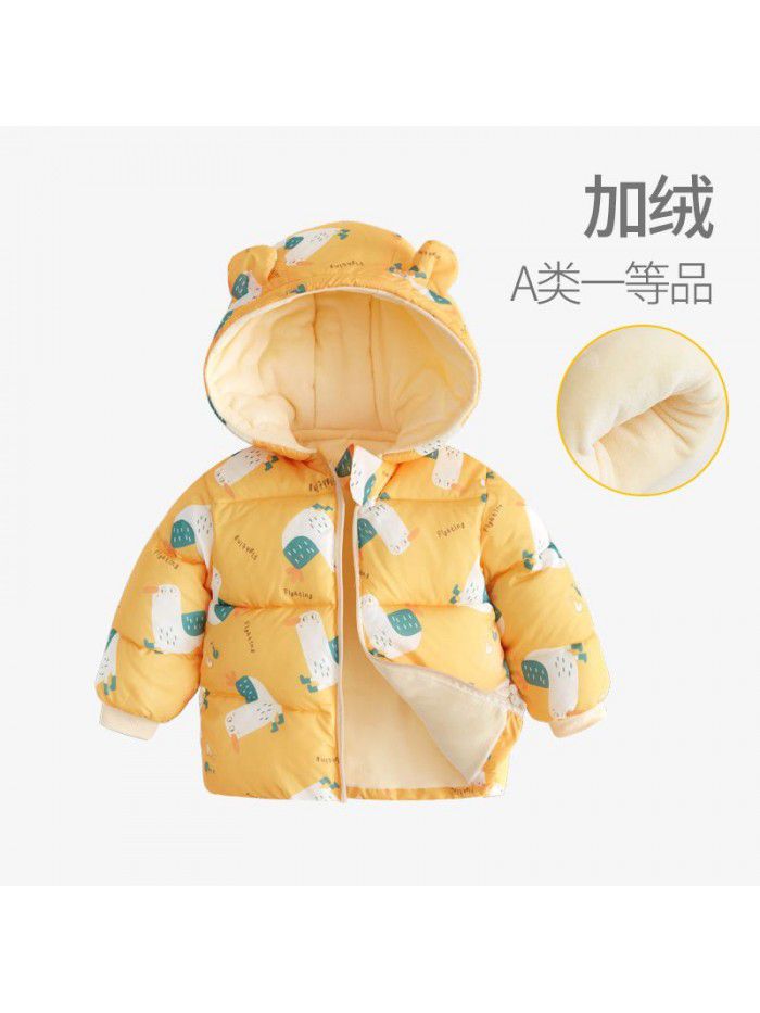 Baby's down cotton jacket, autumn and winter outdoor wear, foreign style plush hooded jacket, cute warm winter coat for boys and girls 