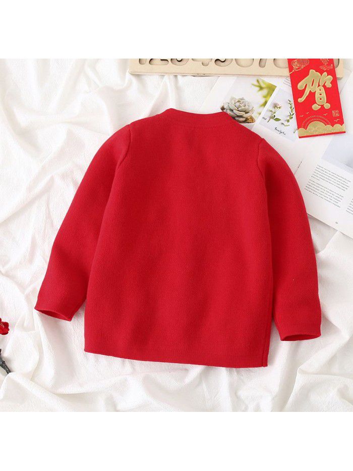 Middle and small children's neutral children's sweater Solid cute cotton long sleeved baby New Year cardigan