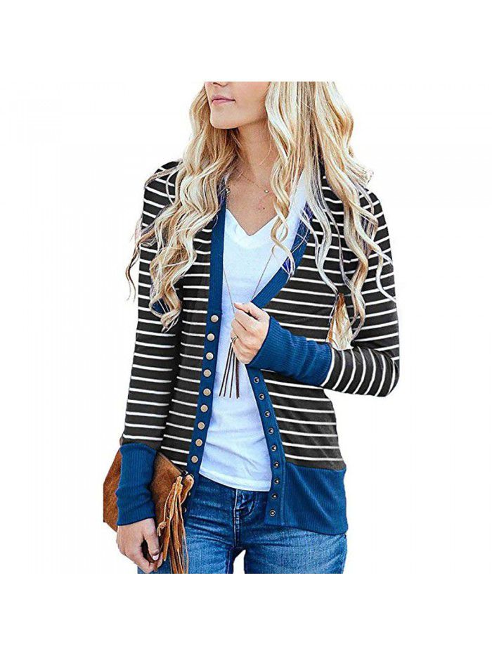 Women's striped patchwork medium length long sleeved single breasted cardigan jacket
