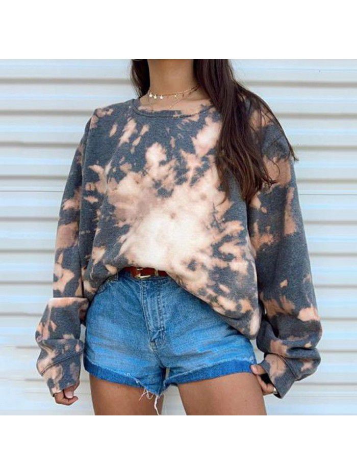 Women's tie dyed printed hooded long sleeved T-shirt sweater