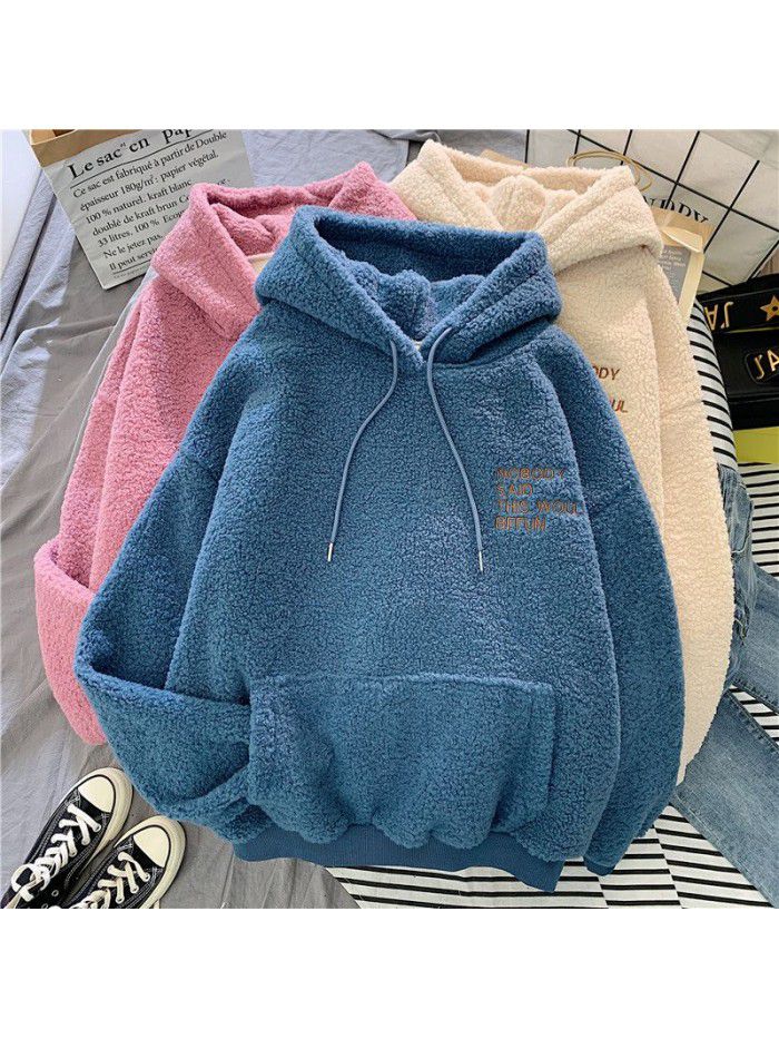 Imitation cashmere sweater women's Korean fashion students loose bf lazy autumn and winter plush thickened hoodie top 