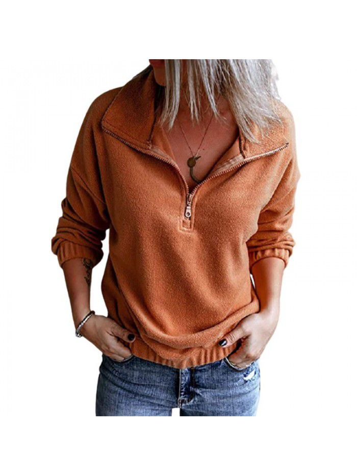 Solid color fleece standing neck zippered sweater for women casual long sleeved top for women