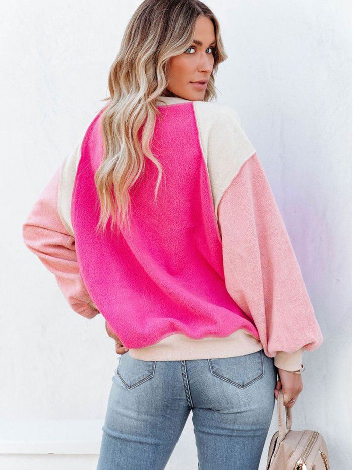 Winter Fashion New Suede Sweater Contrast Long Sleeve Round Neck Pullover 