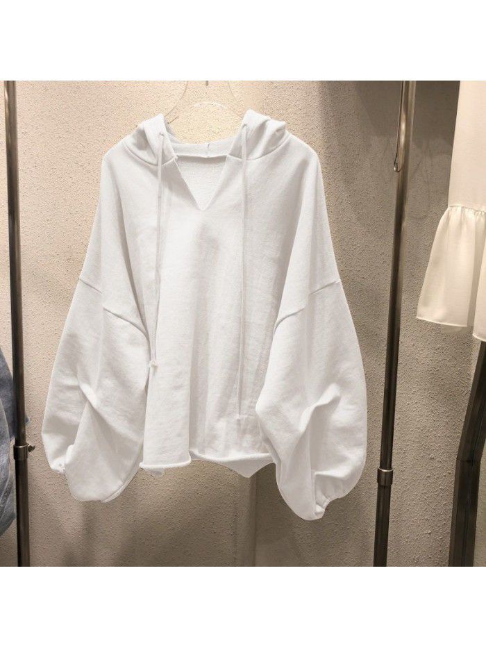 Cotton sweater Women's hooded Spring and Autumn New Thin Loose Korean version Solid V-neck Student Top Women's Wear 