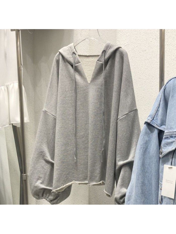 Cotton sweater Women's hooded Spring and Autumn New Thin Loose Korean version Solid V-neck Student Top Women's Wear 