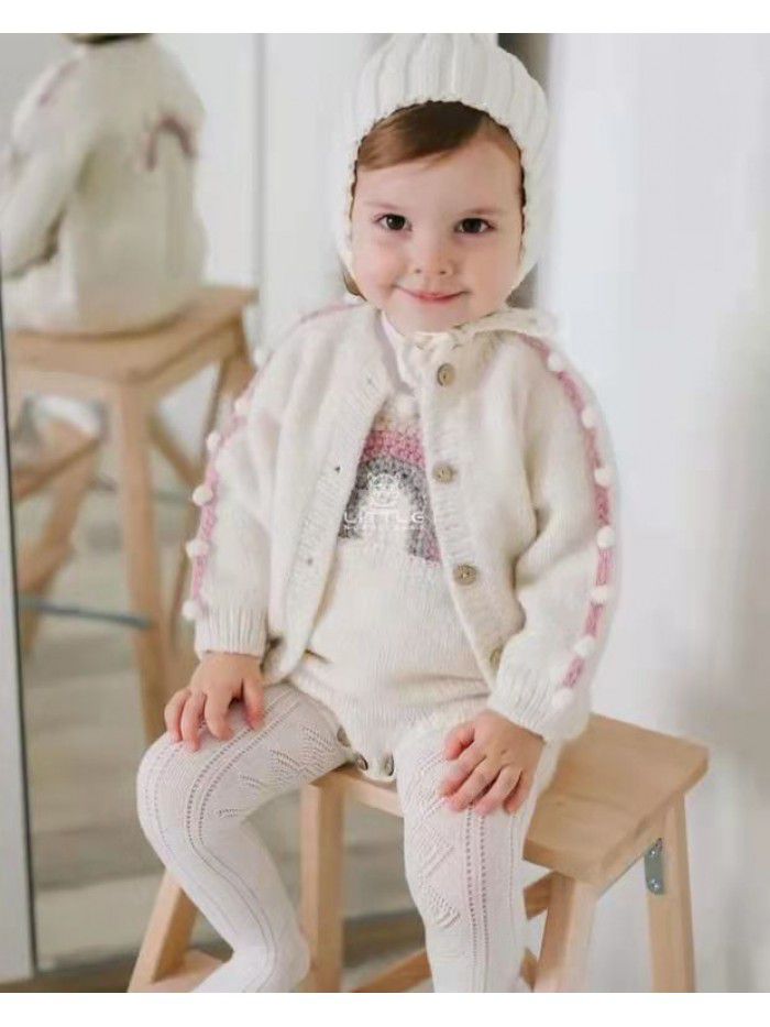 Handmade embroidery small crowd rainbow ball children's cardigan sweater girls coat 