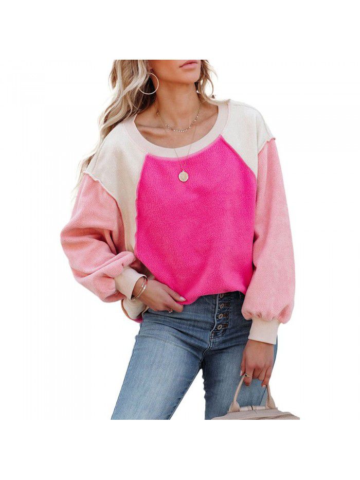 Winter Fashion New Suede Sweater Contrast Long Sleeve Round Neck Pullover 