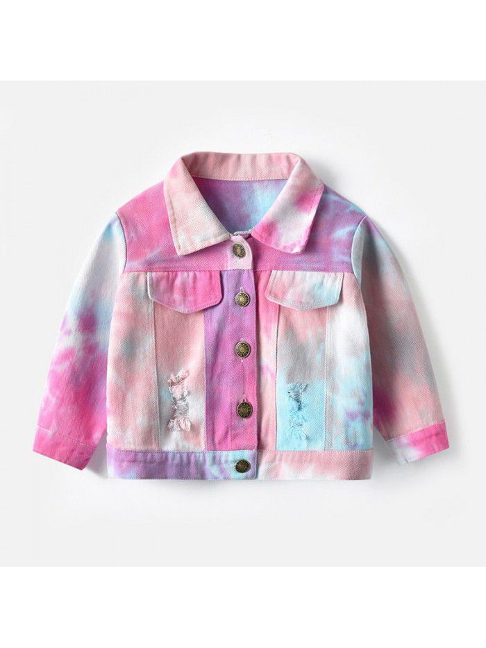 Neutral tie dyed short denim jacket New children's lapel long sleeved denim jacket