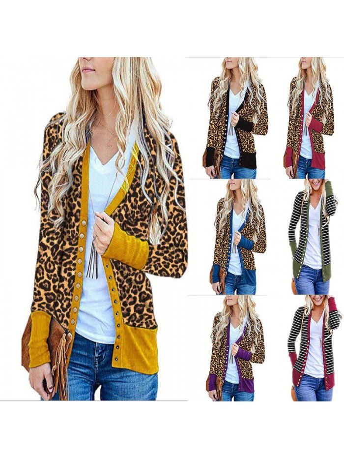 Women's striped patchwork medium length long sleeved single breasted cardigan jacket