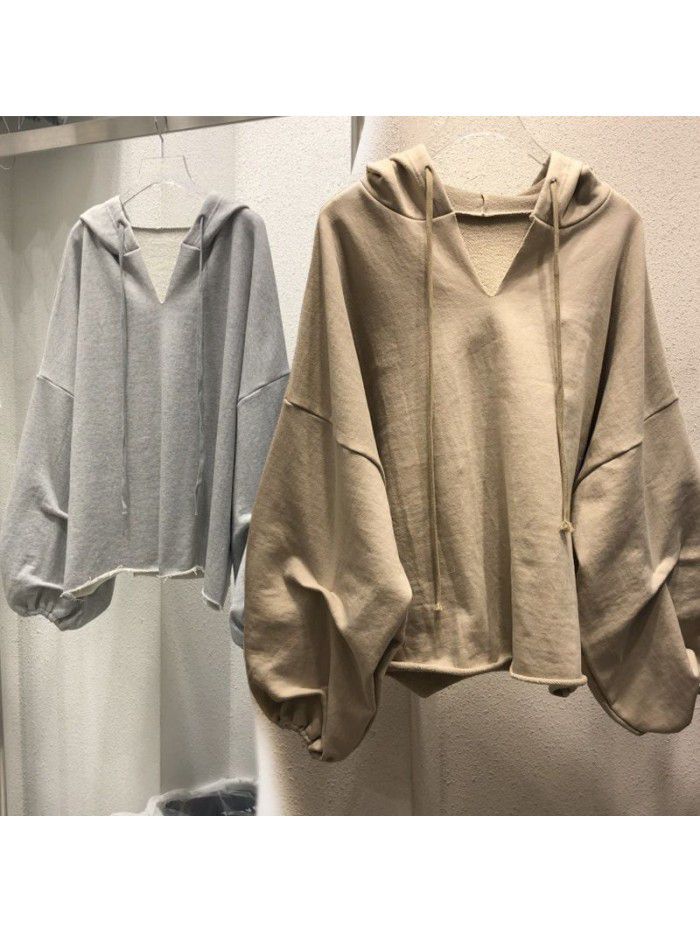 Cotton sweater Women's hooded Spring and Autumn New Thin Loose Korean version Solid V-neck Student Top Women's Wear 