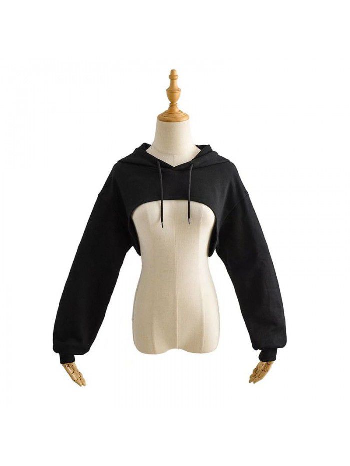 Short sports drawstring hoodie for women's solid color versatile long sleeved hoodie top