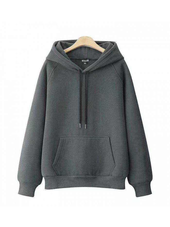 Casual hooded pullover with thickened and plush solid color new spring and autumn versatile loose fitting Japanese women's sweater