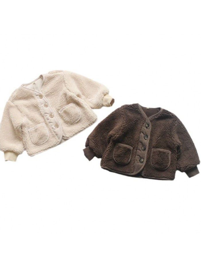 Children's winter jacket loose plush Gary cotton jacket for boys and girls plush thickened jacket solid color