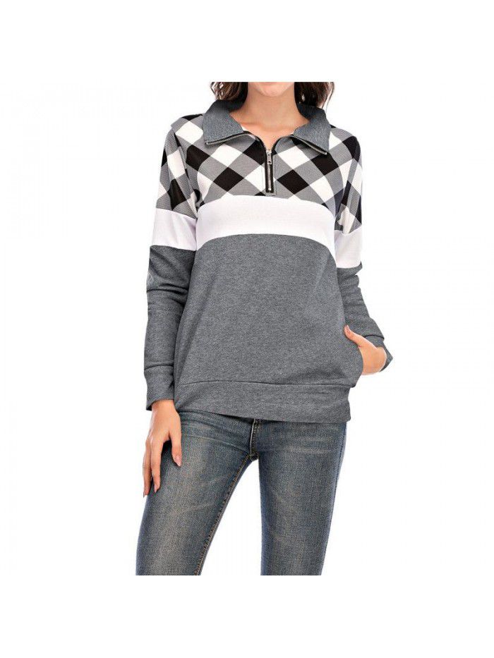 Long Sleeve Plaid Panel Zip Pocket T-shirt Casual Sweater Women's Top 