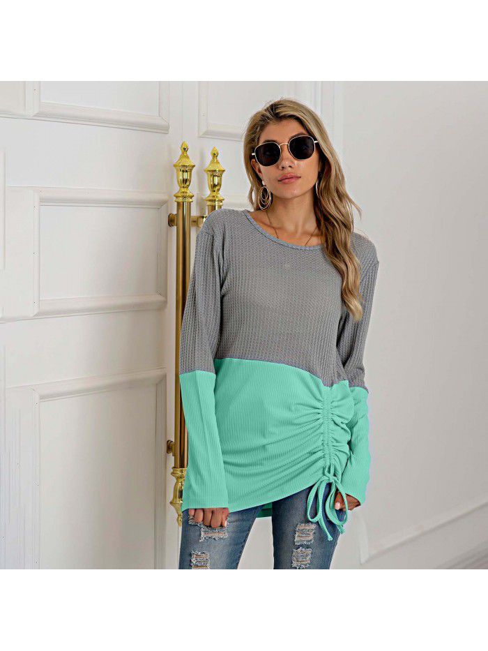 Splice knit shirt drawstring round neck versatile sweater women's large size