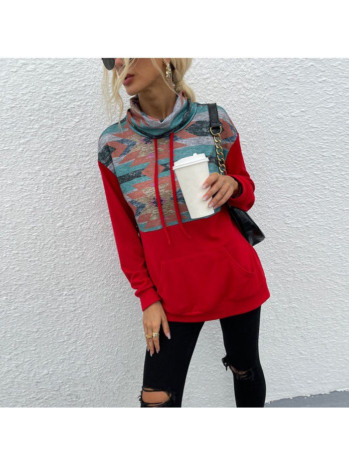 Autumn and Winter New Stacked Collar Pullover Fashion Printed Color Block Women's Sweater