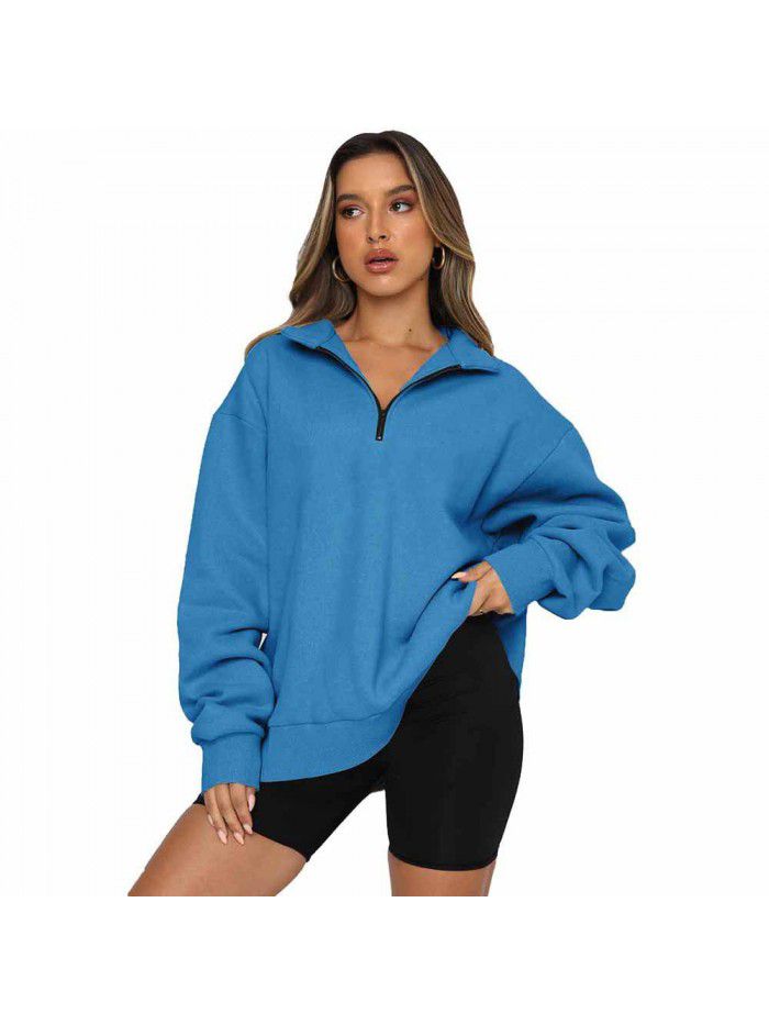 Shi Ying Zipper Lapel Large Sweater Women's Solid Loose Versatile Top