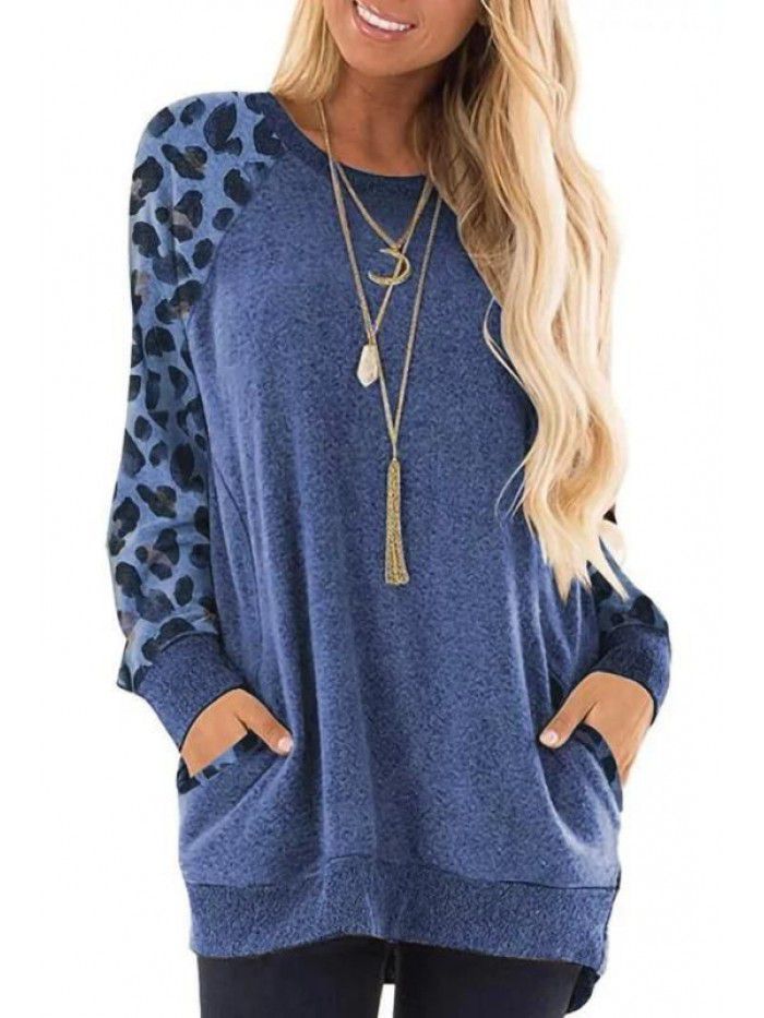 Autumn and winter women's round neck contrast pocket sweater long-sleeved pullover sweatshirt casual T-shirt 