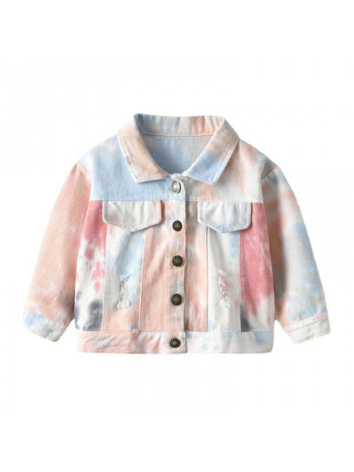 Neutral tie dyed short denim jacket New children's lapel long sleeved denim jacket
