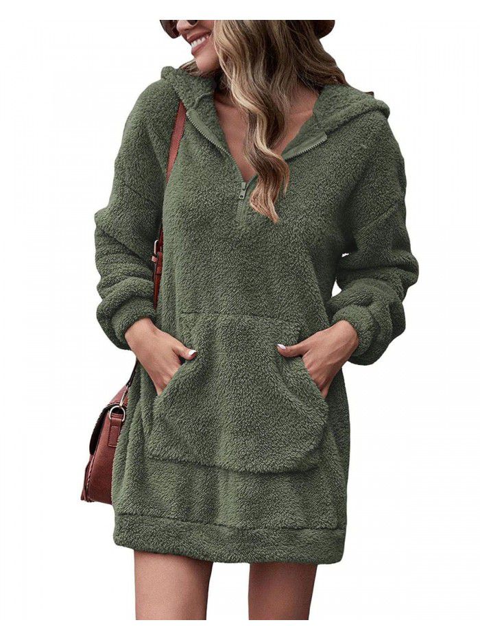Autumn and Winter Women's Double Face Fleece Hoodie Loose Zip Plush Pocket Sweater Jacket 