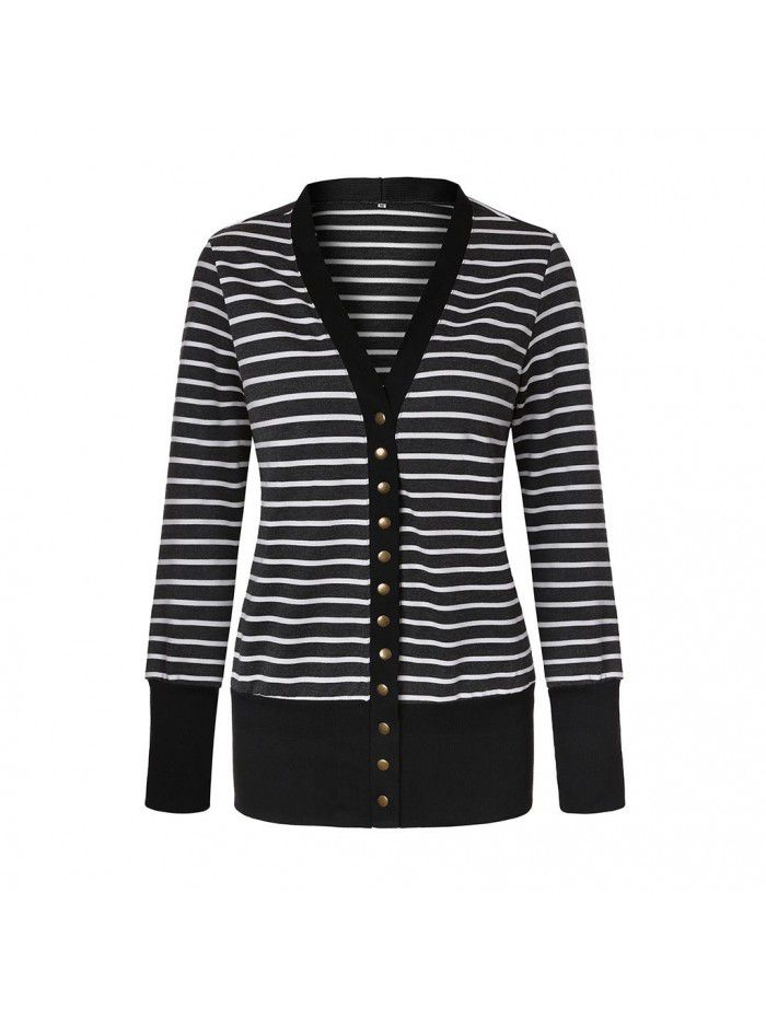 Women's striped patchwork medium length long sleeved single breasted cardigan jacket