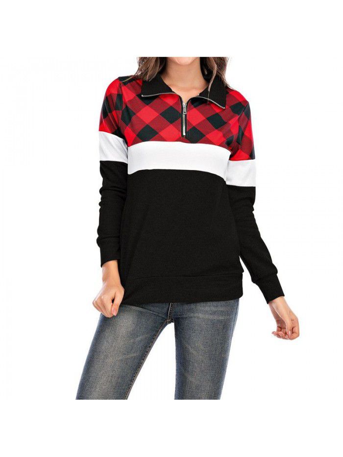 Long Sleeve Plaid Panel Zip Pocket T-shirt Casual Sweater Women's Top 