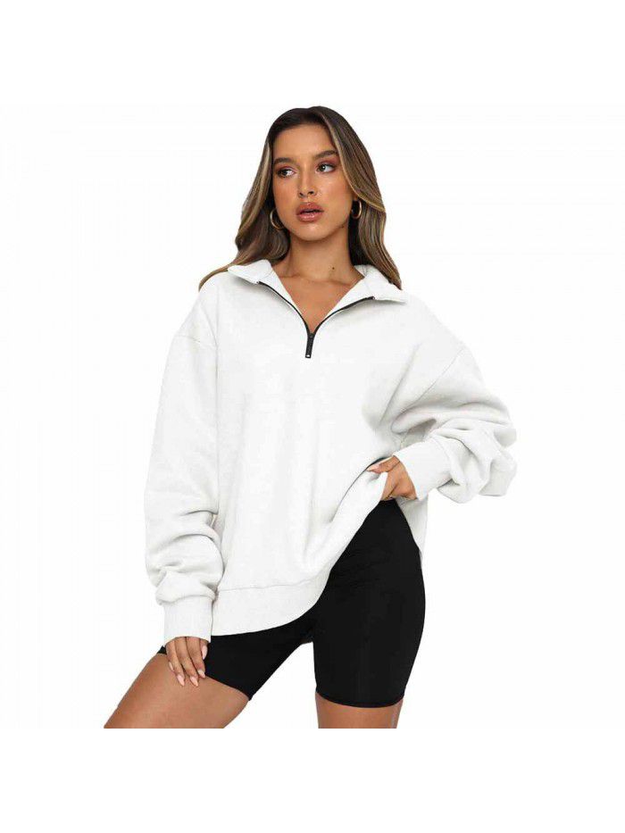 Shi Ying Zipper Lapel Large Sweater Women's Solid Loose Versatile Top