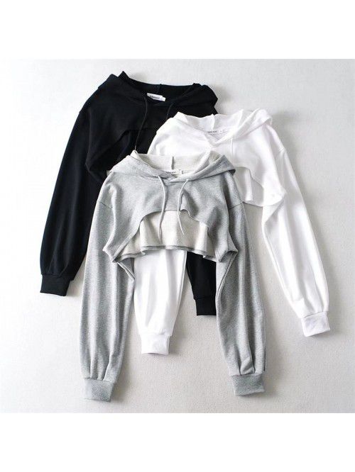 Short sports drawstring hoodie for women's solid c...