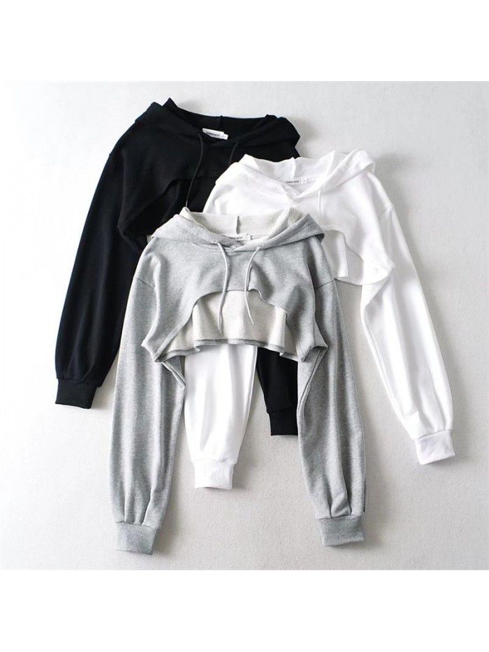 Short sports drawstring hoodie for women's solid color versatile long sleeved hoodie top