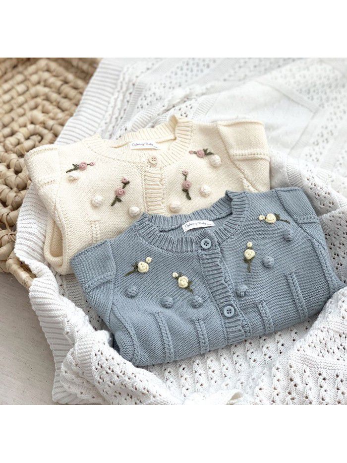 Baby girls embroidered cardigan sweater baby girls hand hook wool ball embroidered coat 