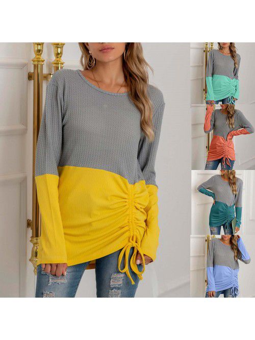 Splice knit shirt drawstring round neck versatile ...