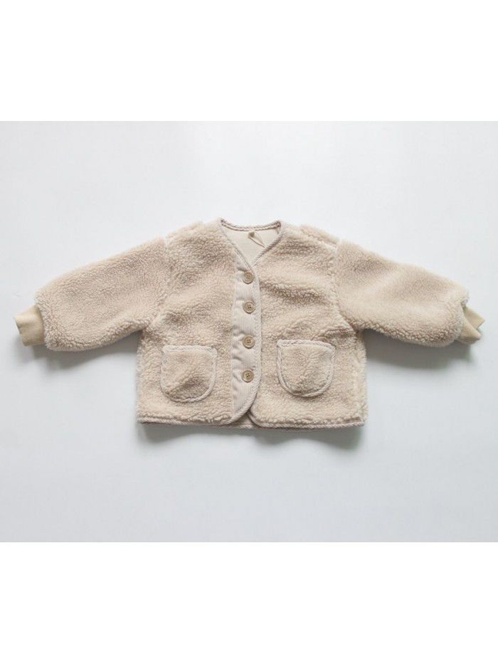 Children's winter jacket loose plush Gary cotton jacket for boys and girls plush thickened jacket solid color