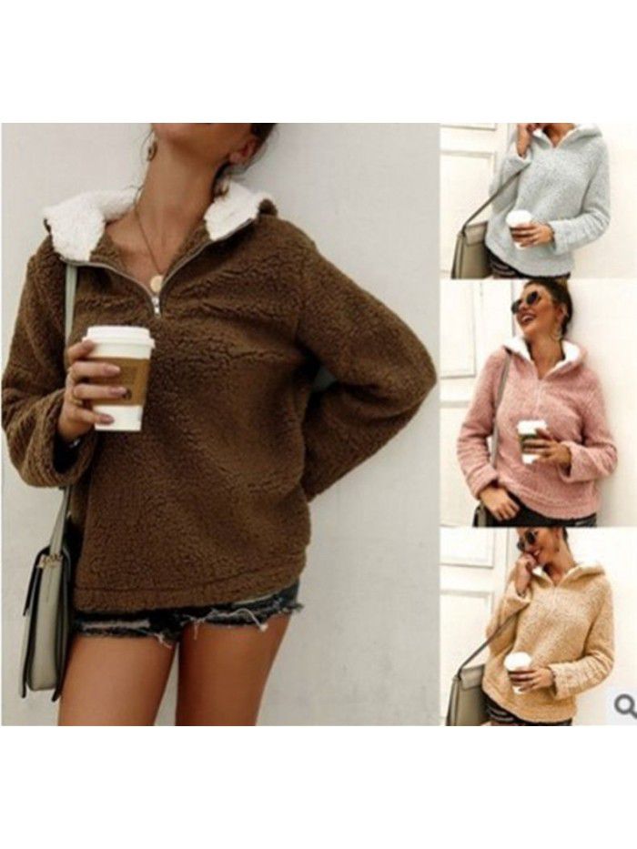 Autumn and Winter Women's Thermal Top Plush Coat Zip Hooded Sweater 