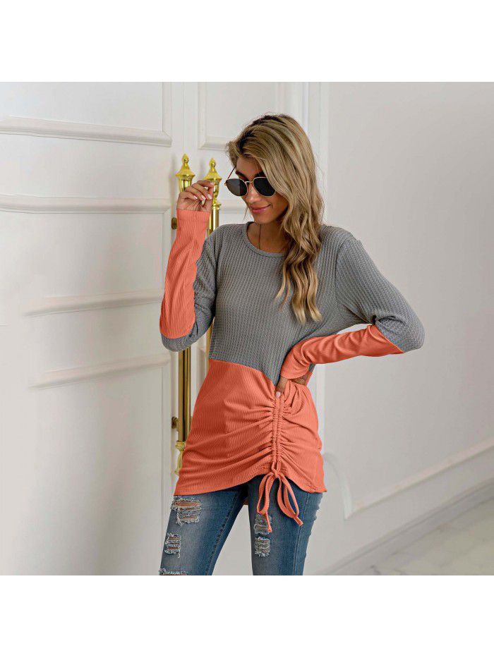 Splice knit shirt drawstring round neck versatile sweater women's large size