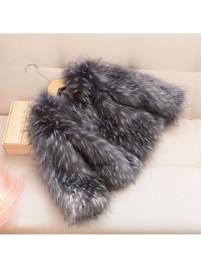 Autumn and Winter New Silver Fox Slim Korean Edition Imitation Fur Raccoon Dog Hair Round Neck Children's Fur Coat Fashion Cotton Coat