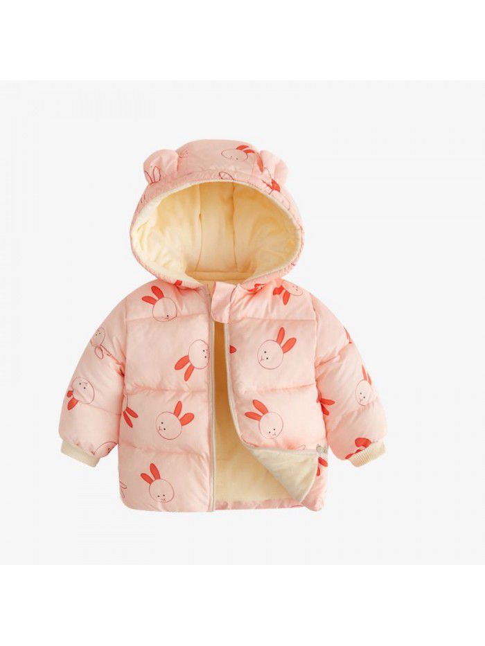 Baby's down cotton jacket, autumn and winter outdoor wear, foreign style plush hooded jacket, cute warm winter coat for boys and girls 