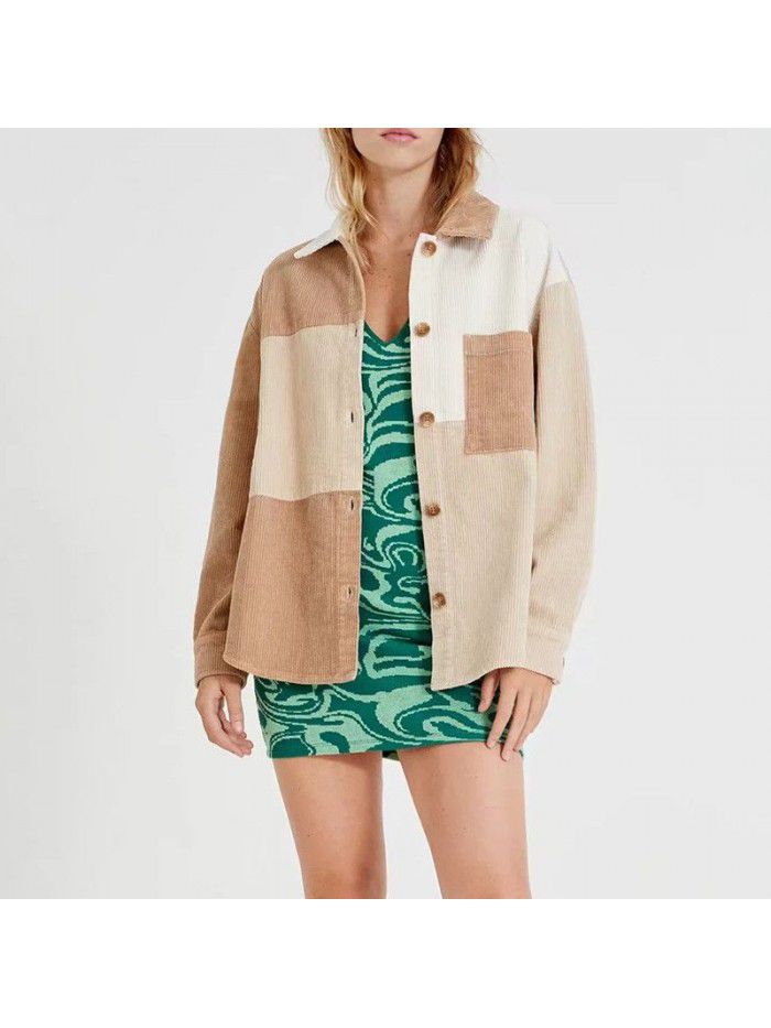 Spring and Autumn Style Polo Collar Single breasted Contrast Corduroy Shirt Coat Women's Outer Layer Loose Casual Shirt 