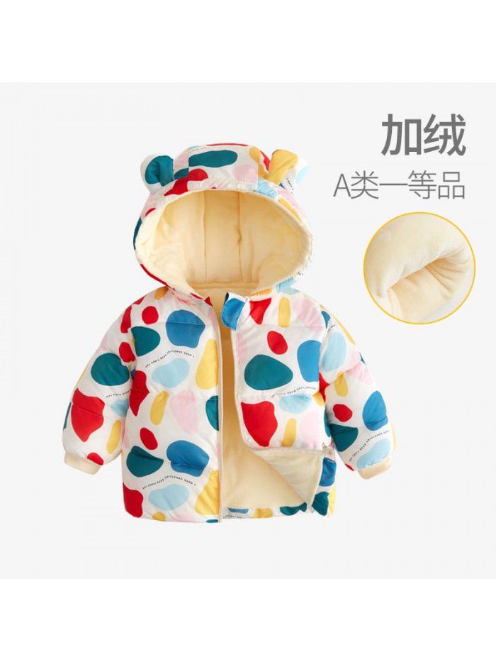 Baby's down cotton jacket, autumn and winter outdoor wear, foreign style plush hooded jacket, cute warm winter coat for boys and girls 
