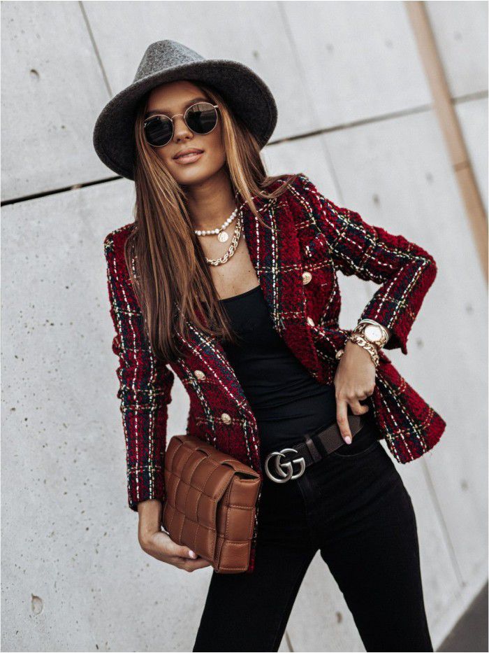 Autumn and winter long-sleeved double-breasted suit collar printed jacket for women 