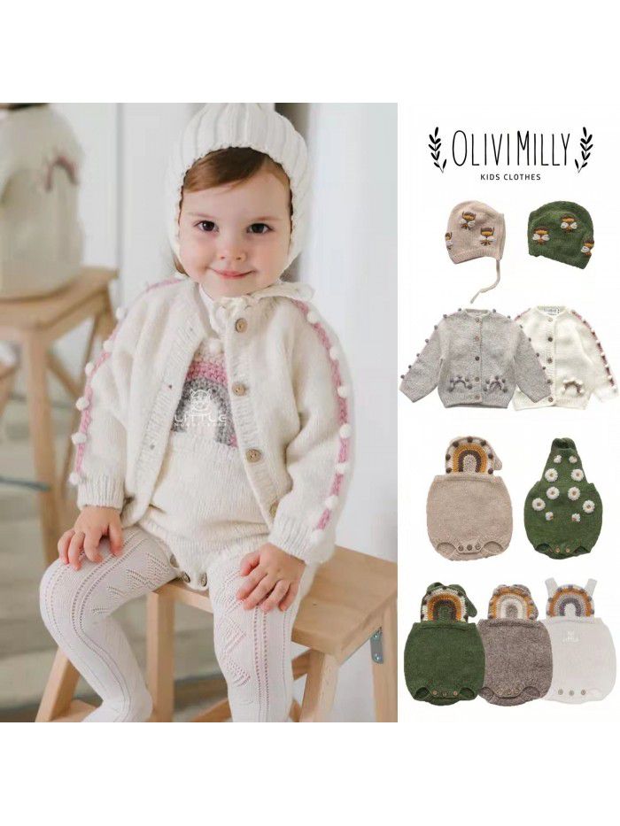 Handmade embroidery small crowd rainbow ball children's cardigan sweater girls coat 