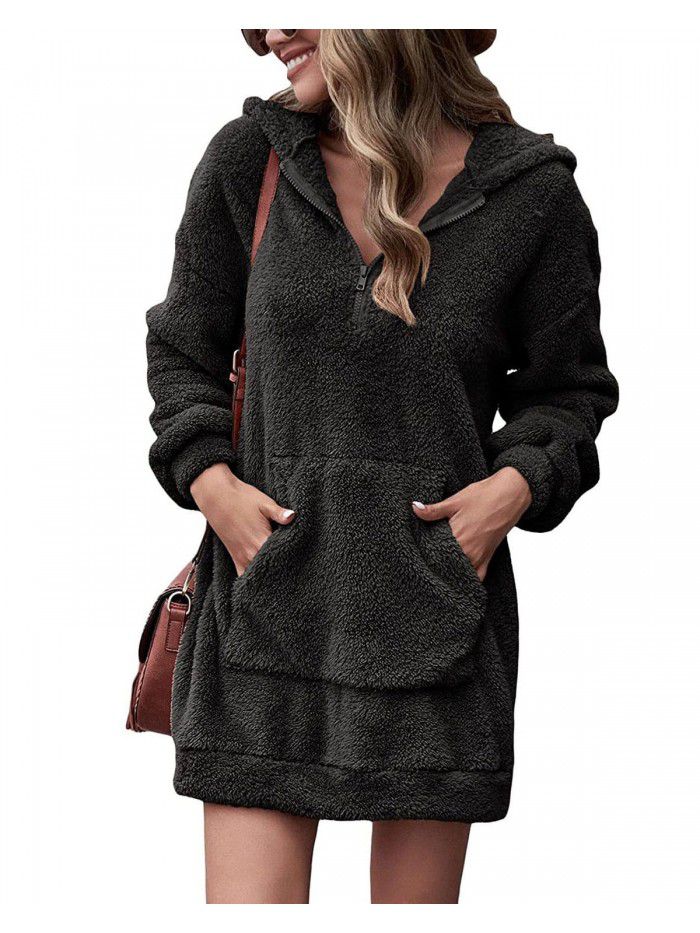 Autumn and Winter Women's Double Face Fleece Hoodie Loose Zip Plush Pocket Sweater Jacket 