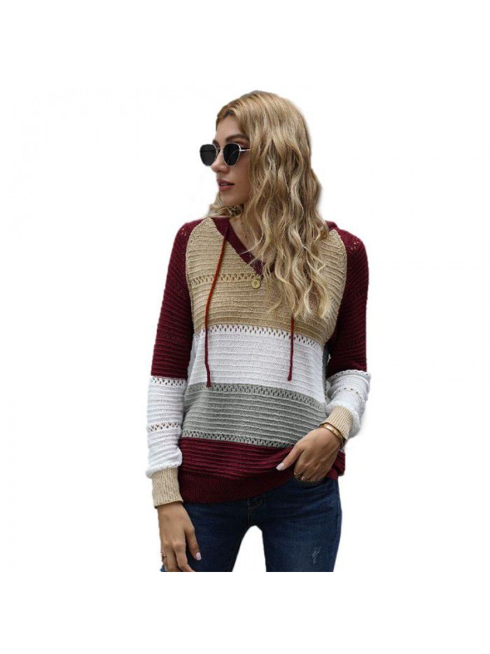 Knitted striped hooded sweater for women Spring and Autumn new long sleeved loose colored pullover top for women