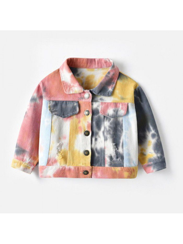 Neutral tie dyed short denim jacket New children's lapel long sleeved denim jacket