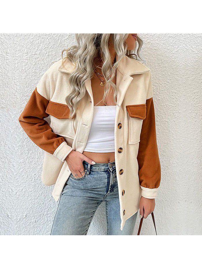 Autumn and Winter New Fashion Women's Polo Collar Colored Long Sleeve Fleece Coat